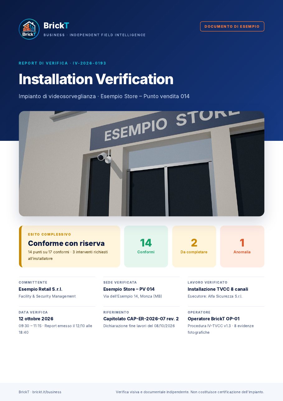 Copertina del report di esempio Installation Verification